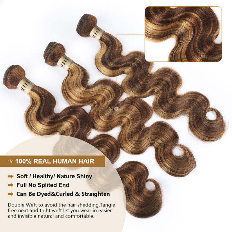 Lebeaute Highlight Bundles with 2x6 HD Closure 30 Inch Body Wave Human Hair P4/27 Color