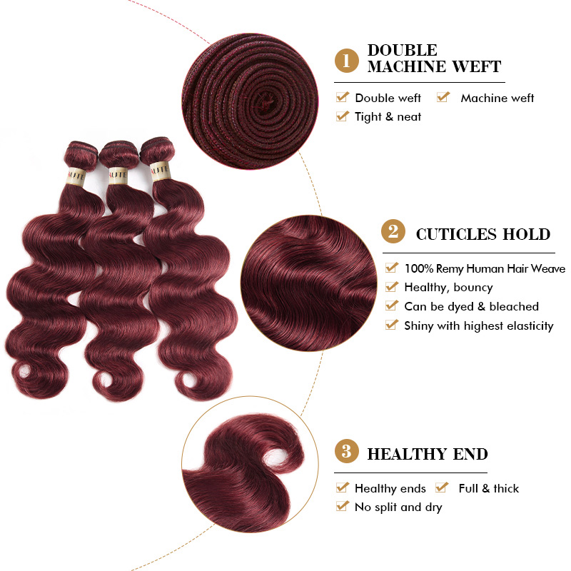 Lebeaute #99J Burgundy Body Wave Remy Human Hair 3 Bundles With 4x4 Lace Closure Deal