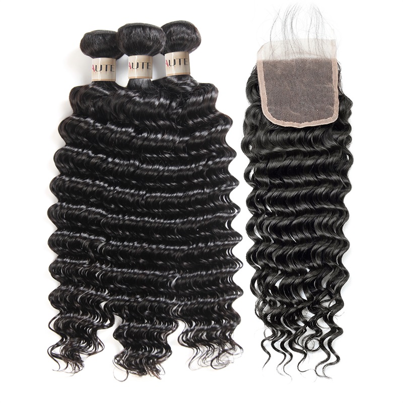 Lebeaute HD Lace Closure With Bundles Brazilian Deep Wave 3 Bundles With 4x4 Lace Closure 100% Human Hair