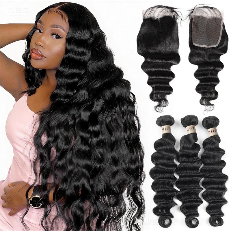 Lebeaute 100% Virgin Hair Loose Deep Wave 3 Bundles With 4*4 Lace Closure