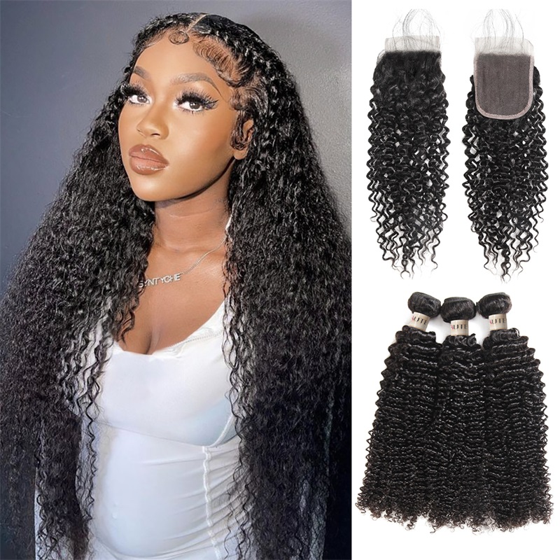 Lebeaute Curly Human Hair Bundles with 5x5 Skinlike Real HD Lace Closure
