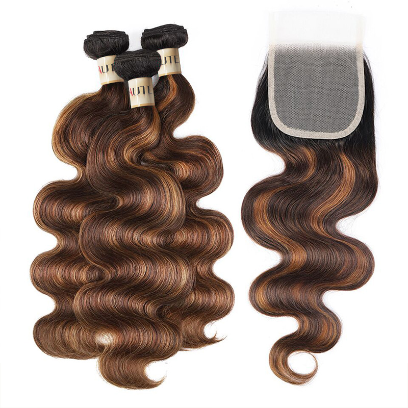 Lebeaute 3 Bundles with Closure FB30 Color Body Wave Human Hair Bundles with 4x4 Lace Closure