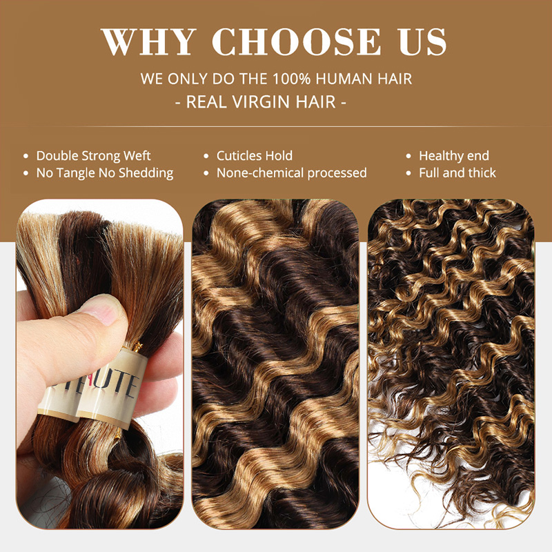 Lebeaute P4/27 Highlight Deep Wave Bulk Hair Braiding Hair 100% Human Hair for Micro Braiding No Weft