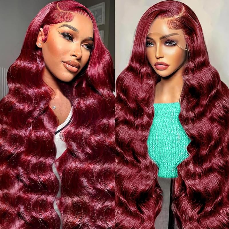 Lebeaute 32 Inch 200 Density 99J Burgundy Body Wave Wig Pre Plucked 13x4 13x6 HD Transparent Lace Front Wig