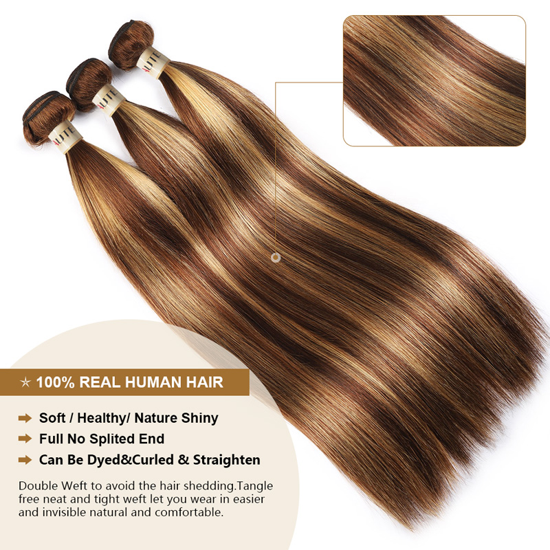 Lebeaute P4/27 Honey Blonde Highlight Straight Human Bundles with 4x4 Lace Closure