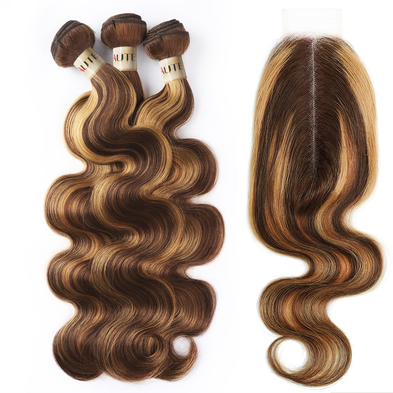 Lebeaute Highlight Bundles with 2x6 HD Closure 30 Inch Body Wave Human Hair P4/27 Color