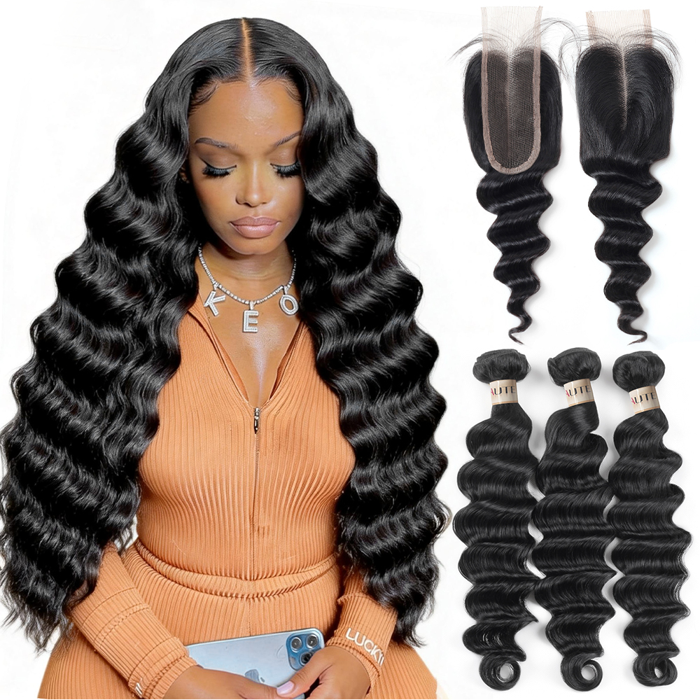 Lebeaute Bundles With Closure Loose Deep Wave Hair 3 Bundles With 2x6 Lace Closure