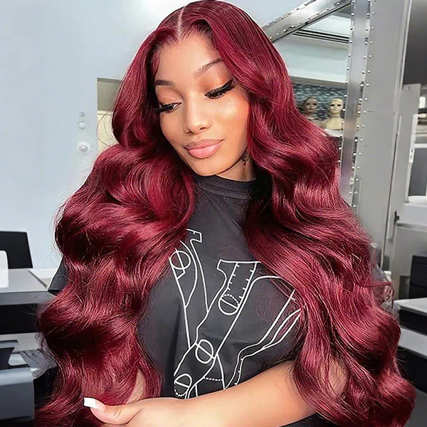 Lebeaute 32 Inch 200 Density 99J Burgundy Body Wave Wig Pre Plucked 13x4 13x6 HD Transparent Lace Front Wig