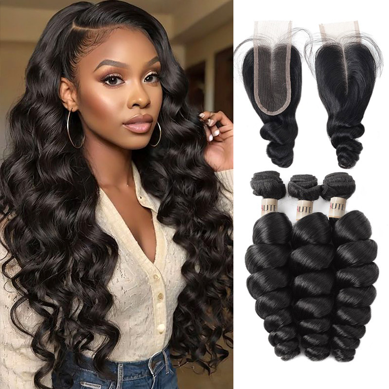 Lebeaute 2x6 Deep Parting Lace Closure with Loose Wave Bundles 3/4 Pack Human Hair Weave Extensions