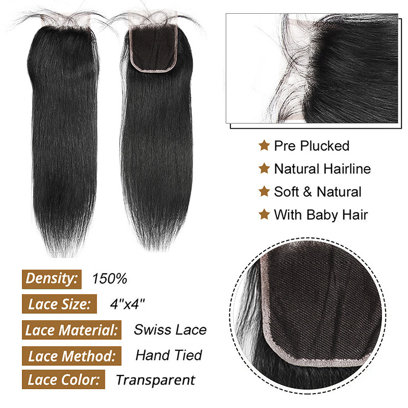 Lebeaute 30 Inch Straight Hair 3 Bundles With 4x4 Lace Closure 100% Virgin Human Hair Weave