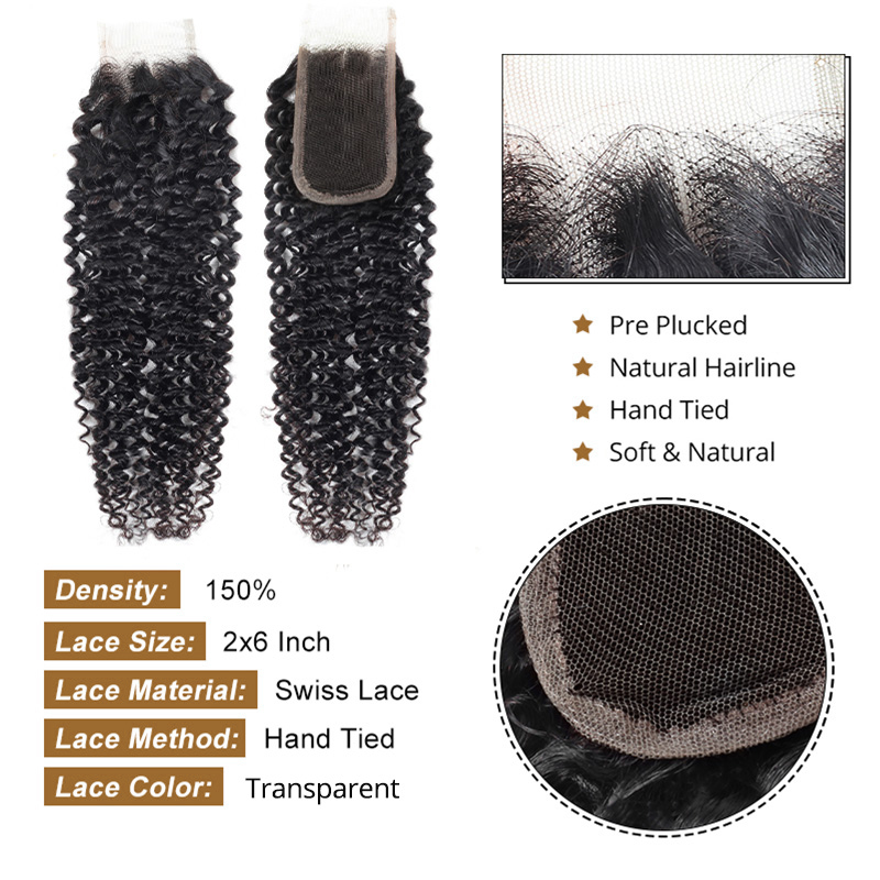 Lebeaute Bundles With 2x6 HD Lace Closure Kinky Curly Human Hair Extensions