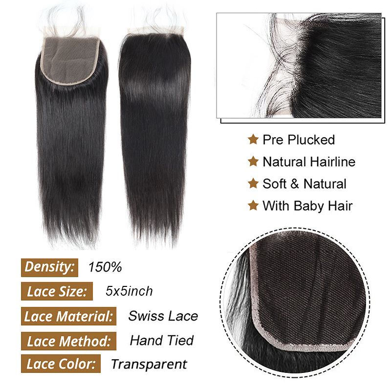 Lebeaute 3 Bundles Brazilian Human Virgin Straight Hair With 5x5 Lace Closure