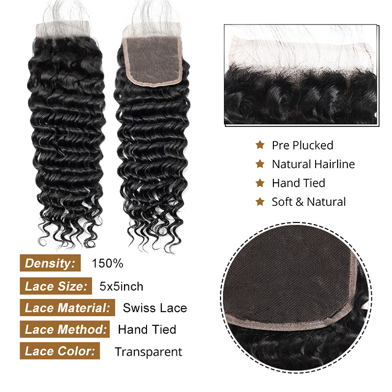 Lebeaute Deep Wave Hair 3 Bundles With 5x5 Lace Closure 100% Brazilian Human Hair Weave