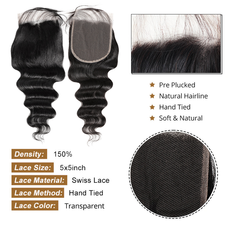 Lebeaute Loose Deep Wave Human Hair Bundles With 5x5 Lace Closure