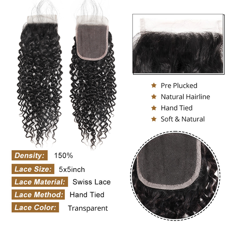 Lebeaute Curly Human Hair Bundles with 5x5 Skinlike Real HD Lace Closure