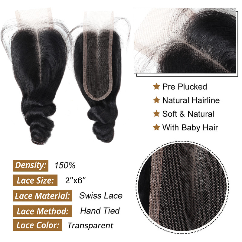 Lebeaute 2x6 Deep Parting Lace Closure with Loose Wave Bundles 3/4 Pack Human Hair Weave Extensions