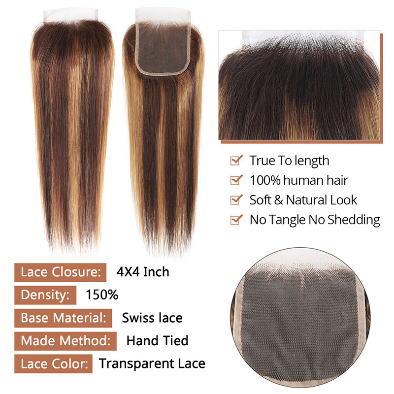 Lebeaute P4/27 Honey Blonde Highlight Straight Human Bundles with 4x4 Lace Closure
