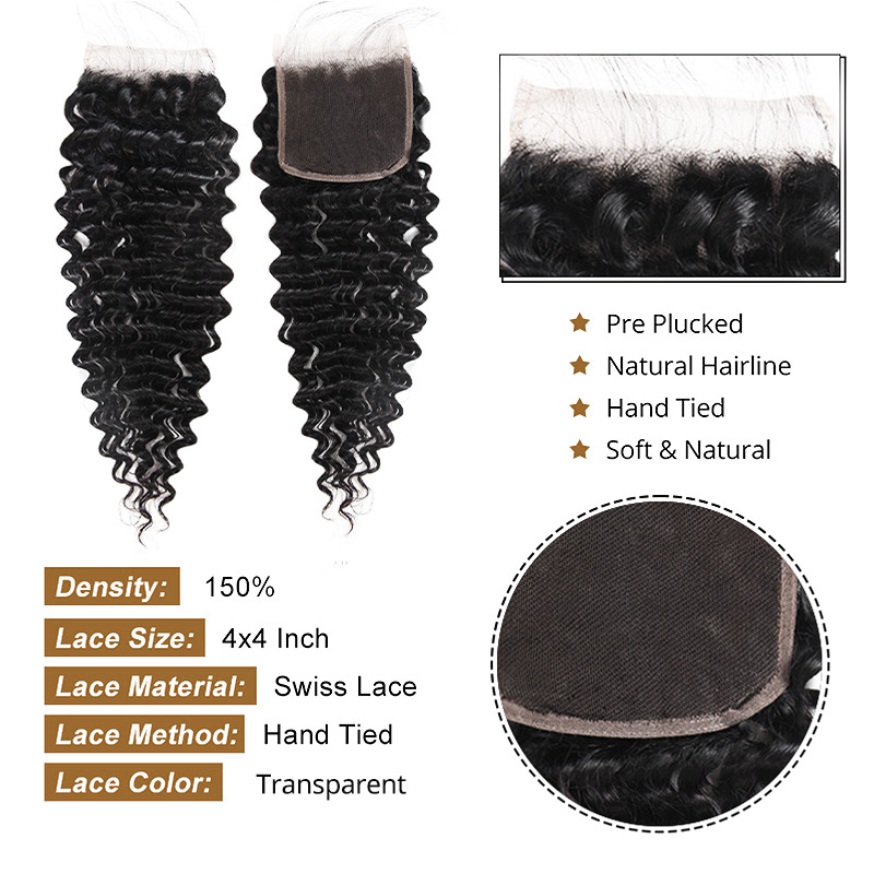 Lebeaute HD Lace Closure With Bundles Brazilian Deep Wave 3 Bundles With 4x4 Lace Closure 100% Human Hair