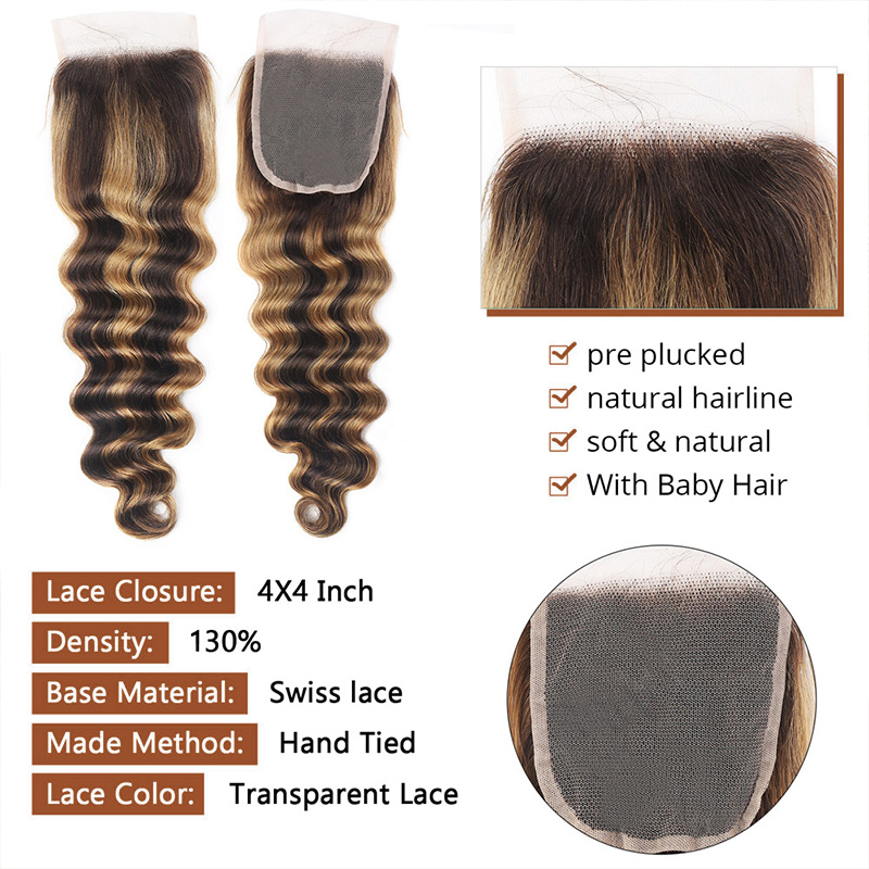 Lebeaute Highlight P4/27 Loose Deep Wave 3 Bundles With 4x4 Lace Closure 100% Real Human Hair