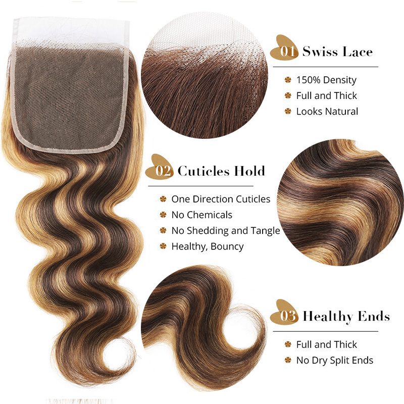 Lebeaute Body Wave Hair Bundles With Lace Closure P4/27 Highlight Color 3 Bundles With 5x5 Lace Closure