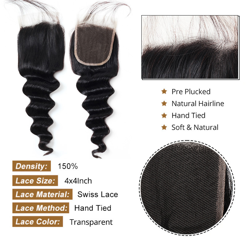 Lebeaute 100% Virgin Hair Loose Deep Wave 3 Bundles With 4*4 Lace Closure