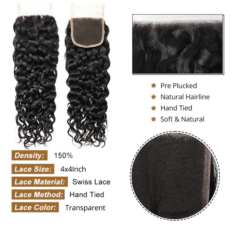 Lebeaute Water Wave 3 Bundles With 4x4 HD Lace Closure Brazilian Human Hair Weave