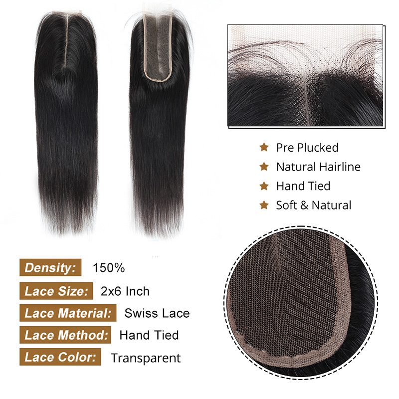 Lebeaute 3 Bundles With 2x6 Lace Closure Straight Human Hair Bundles With Deep Parting Lace Closure