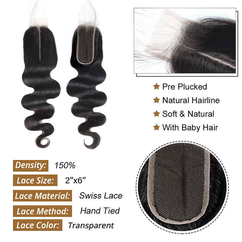 Lebeaute Body Wave Virgin Human Hair 3 Bundles With 2x6 Lace Closure Deep Parting