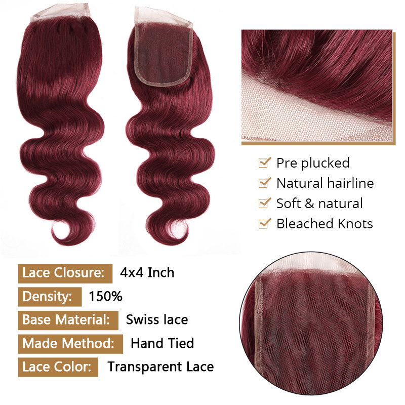 Lebeaute #99J Burgundy Body Wave Remy Human Hair 3 Bundles With 4x4 Lace Closure Deal