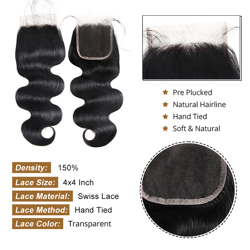 Lebeaute Body Wave Hair 3 Bundles With 4*4 Transparent Lace Closure 100% Unprocessed Human Hair