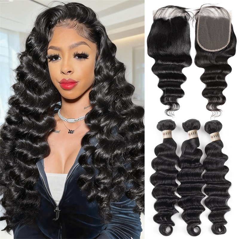 Lebeaute Loose Deep Wave Human Hair Bundles With 5x5 Lace Closure