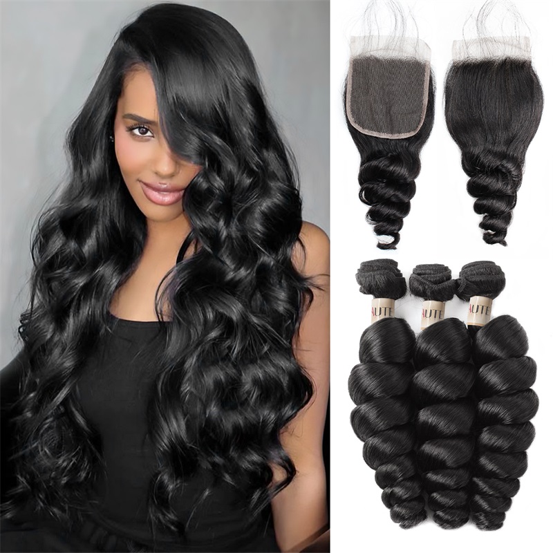 Lebeaute Brazilian Loose Wave Virgin Human Hair 3 4 Bundles With 4x4 Lace Closure
