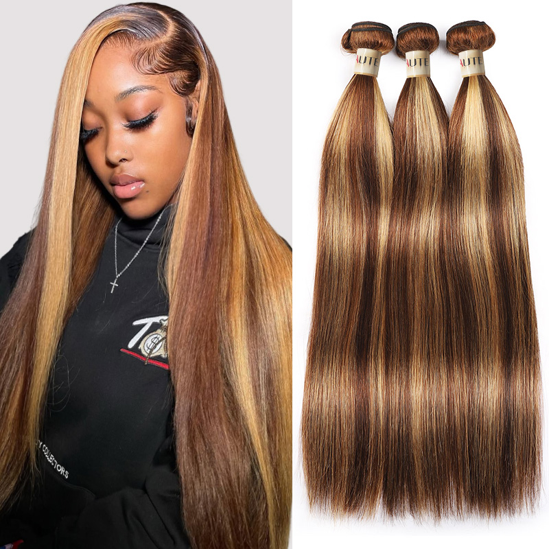 Lebeaute Highlight #4/27 Straight 3 Bundles 100% Virgin Human Hair Extension