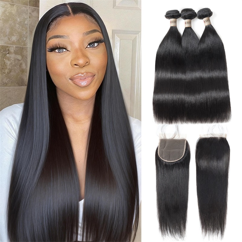 Lebeaute 3 Bundles Brazilian Human Virgin Straight Hair With 5x5 Lace Closure