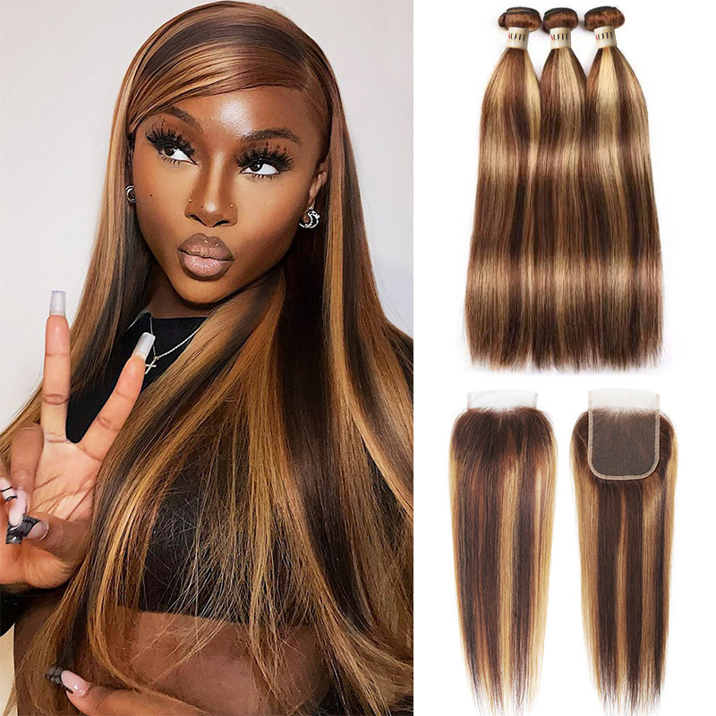 Lebeaute P4/27 Honey Blonde Highlight Straight Human Bundles with 4x4 Lace Closure
