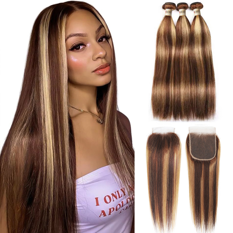 Lebeaute 4 27 Highlight Straight Human Hair Bundles With 5x5 Lace Closure Brazilian Hair