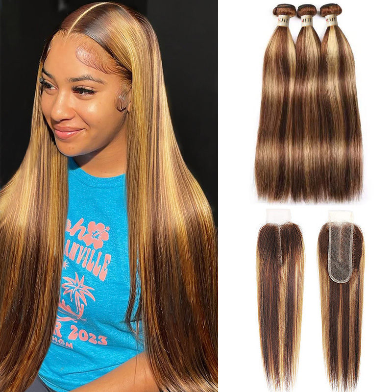 Lebeaute 3 Bundles With 2x6 Lace Closure P4/27 Highlight Body Wave Hair Bundle With Lace Closure