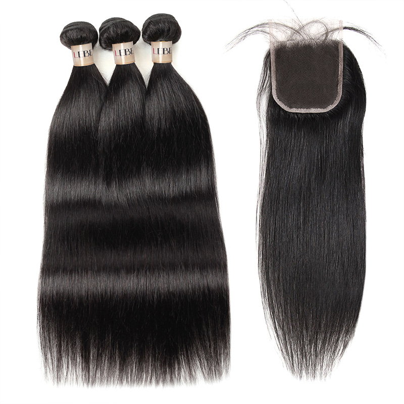 Lebeaute 30 Inch Straight Hair 3 Bundles With 4x4 Lace Closure 100% Virgin Human Hair Weave