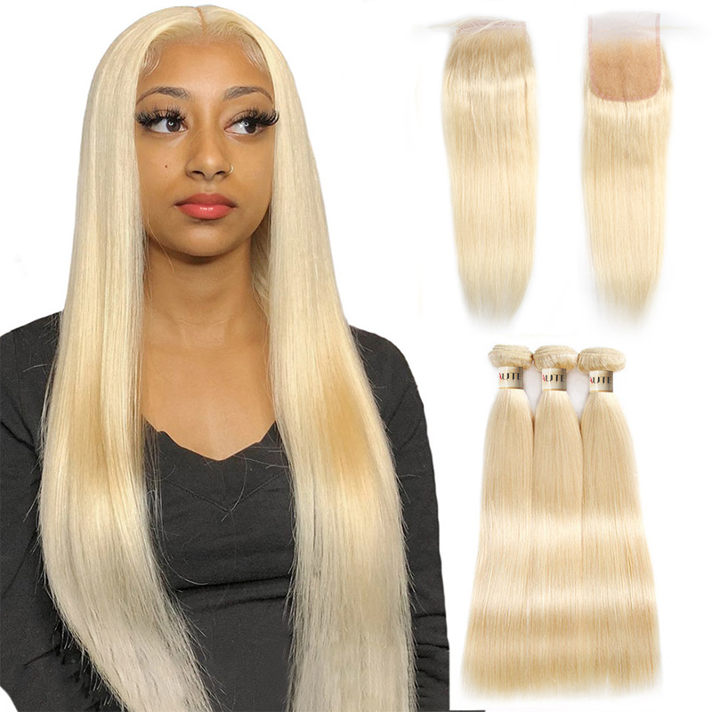 Lebeaute 613 Blonde Hair 3 Bundles With 4x4 Lace Closure Straight Human Hair Extensions