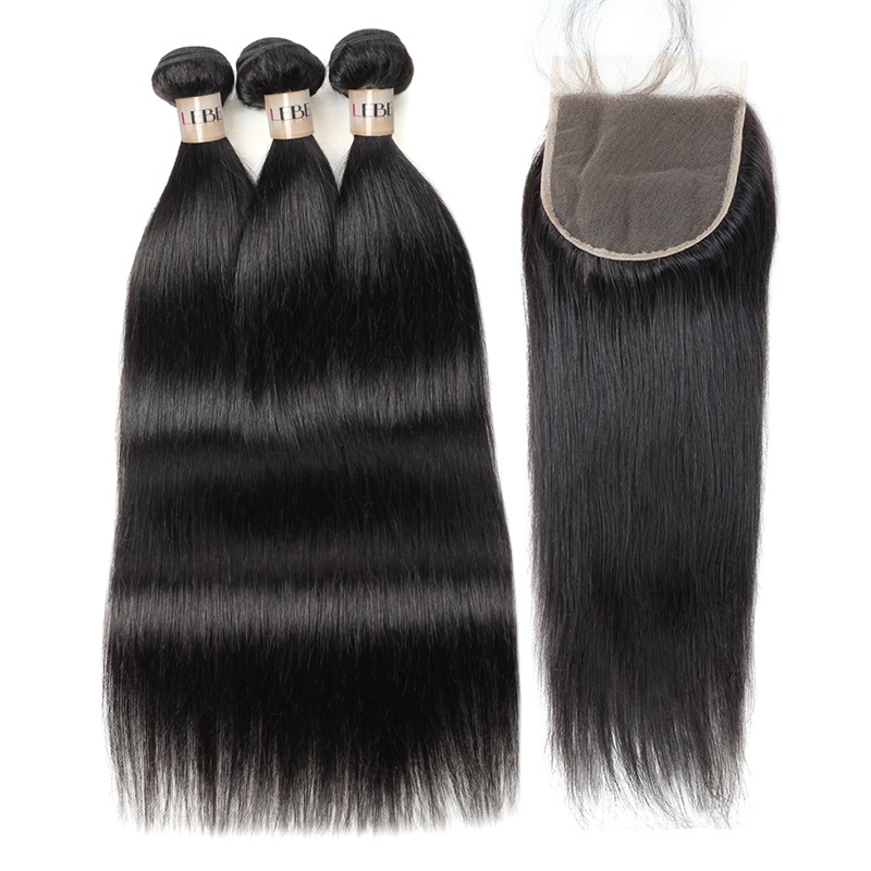 Lebeaute 3 Bundles Brazilian Human Virgin Straight Hair With 5x5 Lace Closure