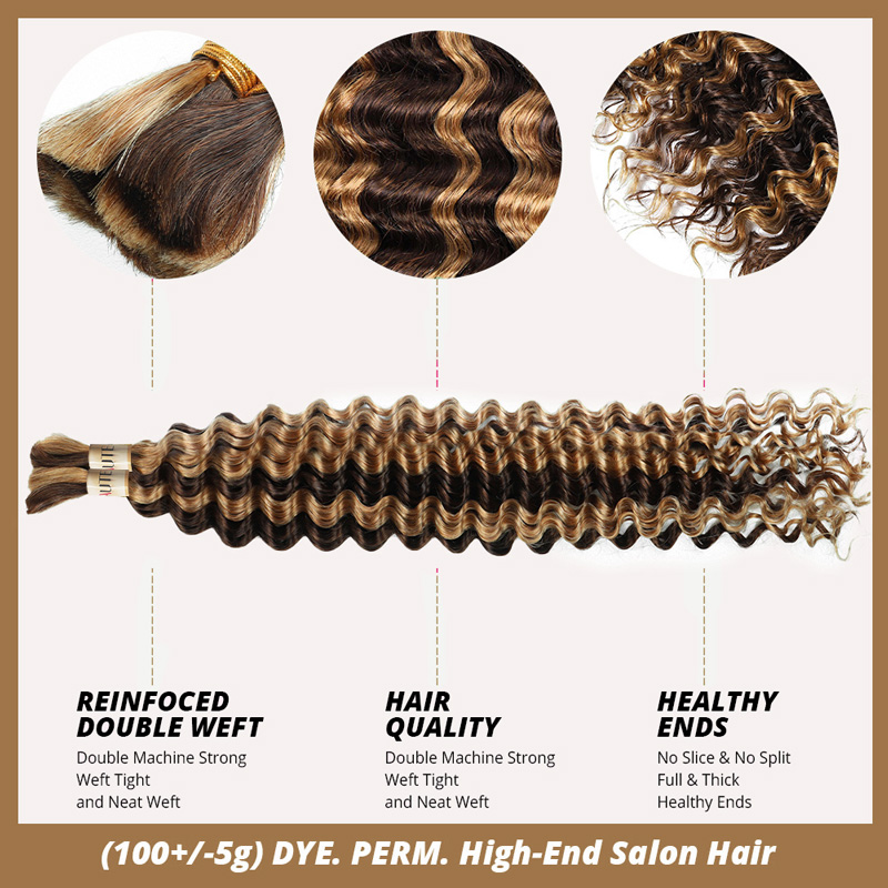 Lebeaute P4/27 Highlight Deep Wave Bulk Hair Braiding Hair 100% Human Hair for Micro Braiding No Weft
