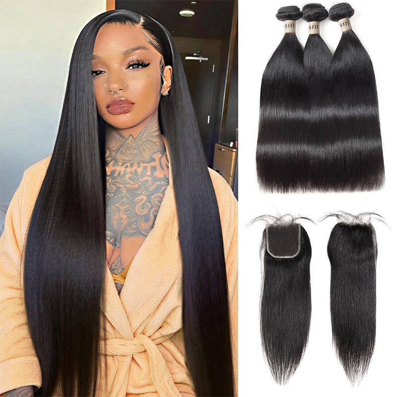 Lebeaute 30 Inch Straight Hair 3 Bundles With 4x4 Lace Closure 100% Virgin Human Hair Weave