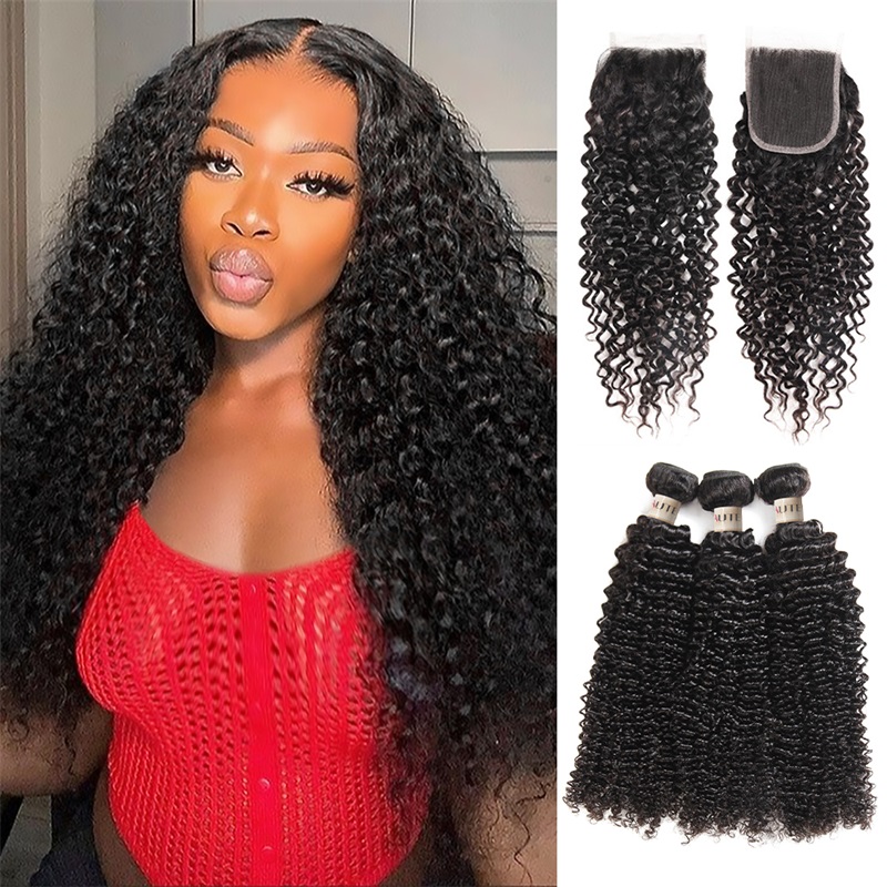 Lebeaute Curly Bundles With 4x4 Lace Closure Remy Human Hair 3/4 Bundles With Swiss Lace Closure