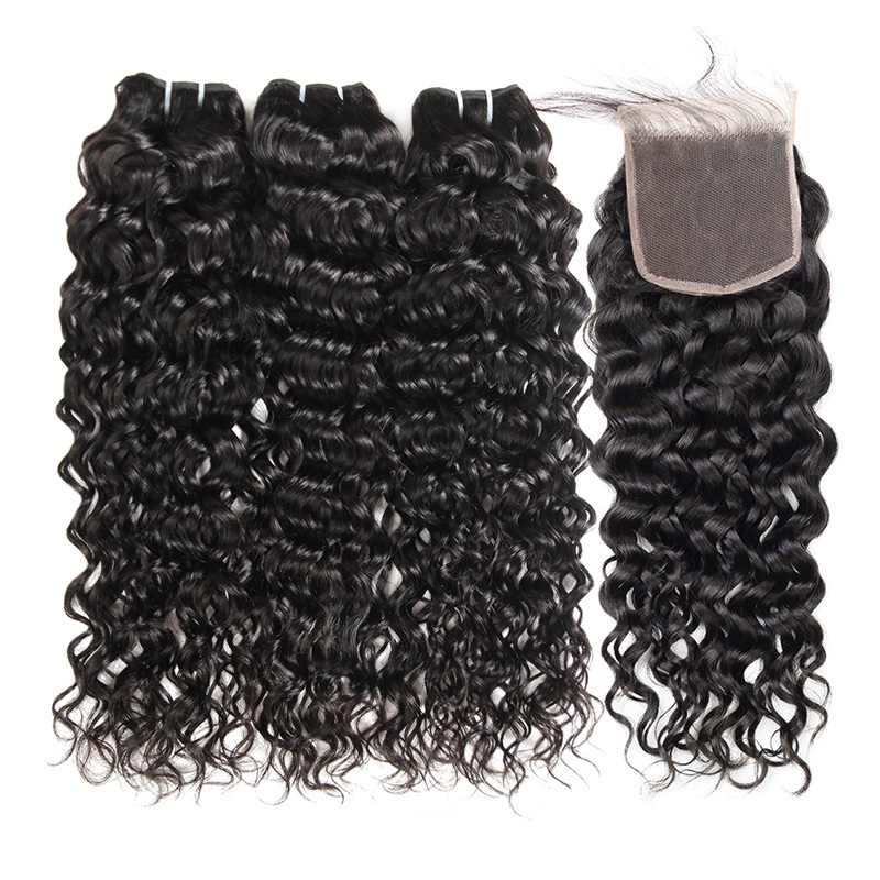 Lebeaute Water Wave 3 Bundles With 4x4 HD Lace Closure Brazilian Human Hair Weave