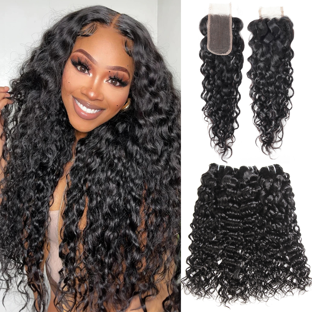 Lebeaute 3 Bundles With Deep Part 2x6 Lace Closure Water Wave Human Hair Bundles With Closure