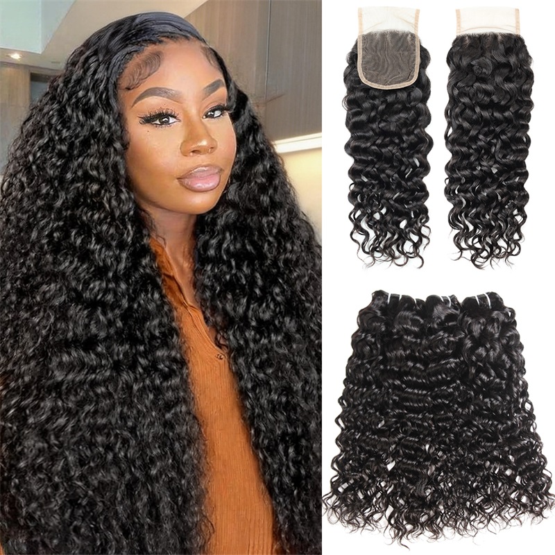 Lebeaute Water Wave 3 Bundles With 4x4 HD Lace Closure Brazilian Human Hair Weave