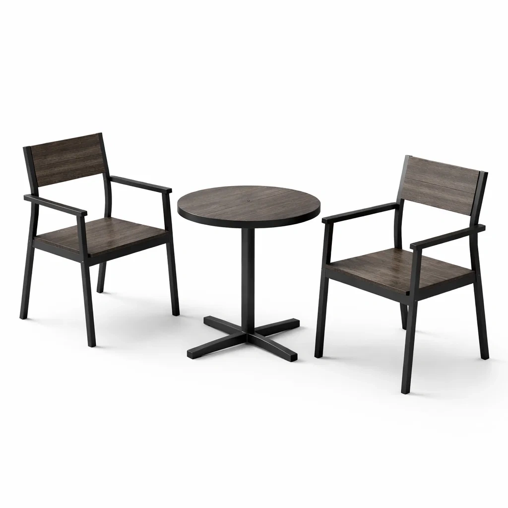 Kompakte Gartensitzgruppe aus Stahl und Holzoptik, Rund, Dunkelbraun-Furnific