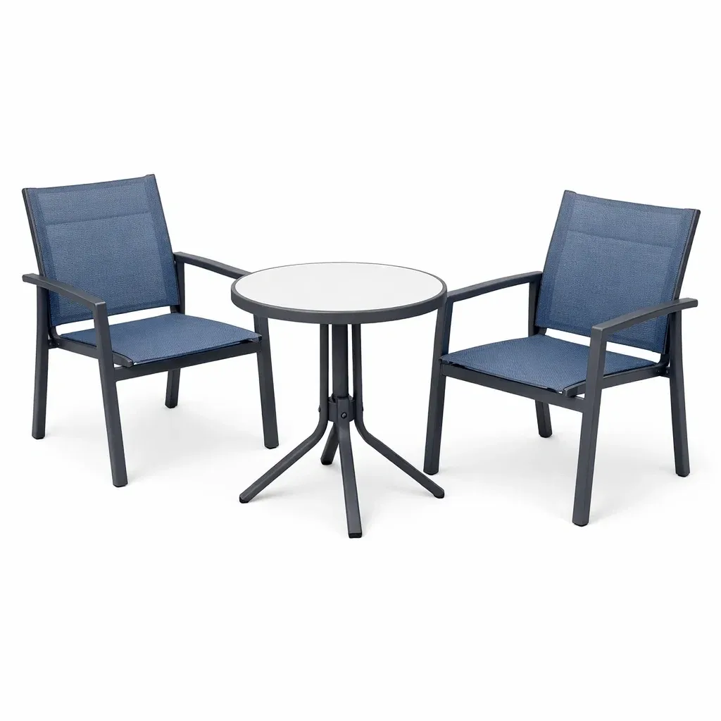 Kompakte Gartensitzgruppe Metall Gartenmöbel-Set mit Glas-Bistrotisch und 2 Textilene-Stühlen in Blau/Schwarz-Furnific