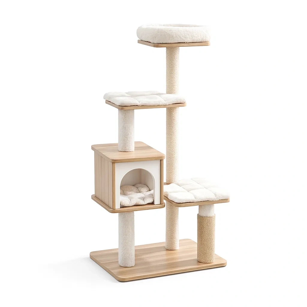 Kratzbaum aus Holz mit Sisal und Plüschpolster Beige 100 x 55 x 40 cm-Furnific