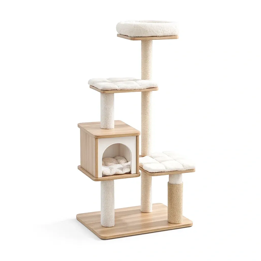 Kratzbaum aus Holz mit Sisal und Plüschpolster Beige 100 x 55 x 40 cm-Furnific